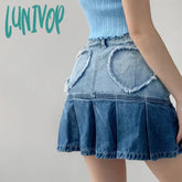 Lunivop American Vintage Denim Skirts Pleated Heart Raw Edge Gradient Color Mini Skirt Y2K Female
